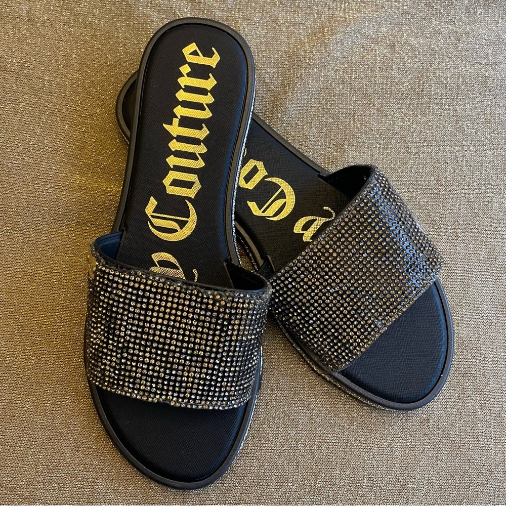 Juicy Couture “Yummy” black and gold slides